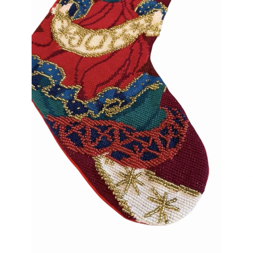 Vtg Needlepoint Christmas Stocking Angel Beaded‎ Victorian Joy Red Velveteen